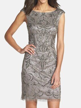 Adrianna Papell Taupe Beaded Sequin Cocktail Dress | Size US6/EU 38